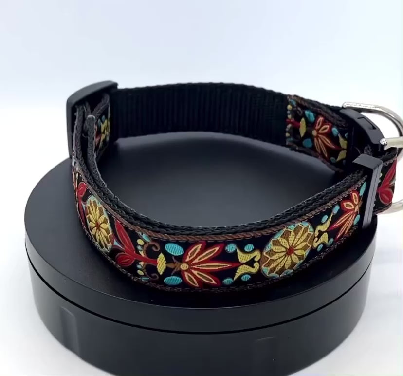 Video of 1 inch wide Parisian pattern Diva Dog collar for big and giant dogs with necks between 24 and 32 inches spinning on pedestal