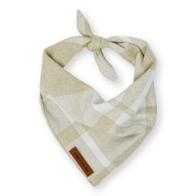 Light brown and white checked flannel Sammy's Sew Shop bandana for large and giant breed dogs with neck up to 34 inches