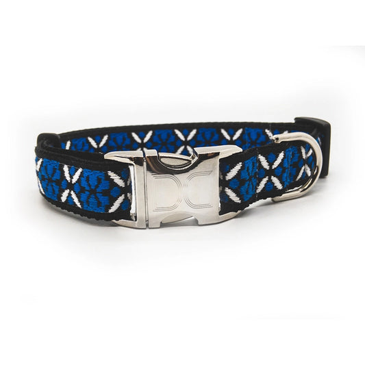 1 inch wide blue and white pattern on black Diva Dog collar for big and giant dogs with necks between 24 and 32 inches