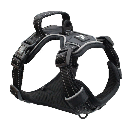 Black Pawshtails no-pull harness that fits giant and large dogs with a 20.5 inch to 28.75 inch neck and 30 inch to 39 inch girth
