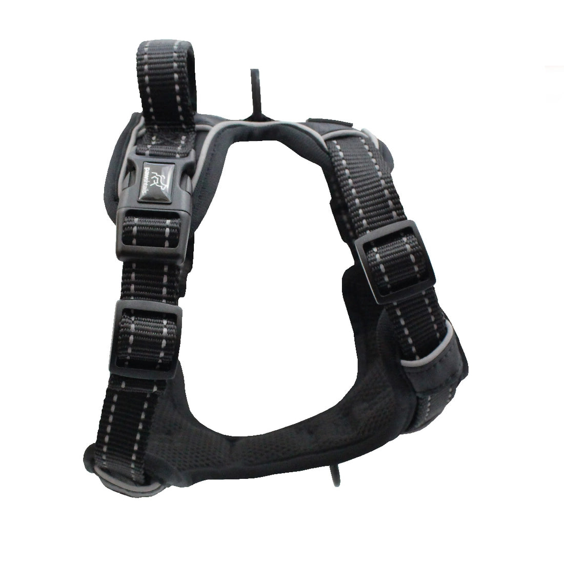 Side view of black Pawshtails no-pull dog harness that fits giant and large dogs with a 20.5 inch to 28.75 inch neck and 30 inch to 39 inch girth