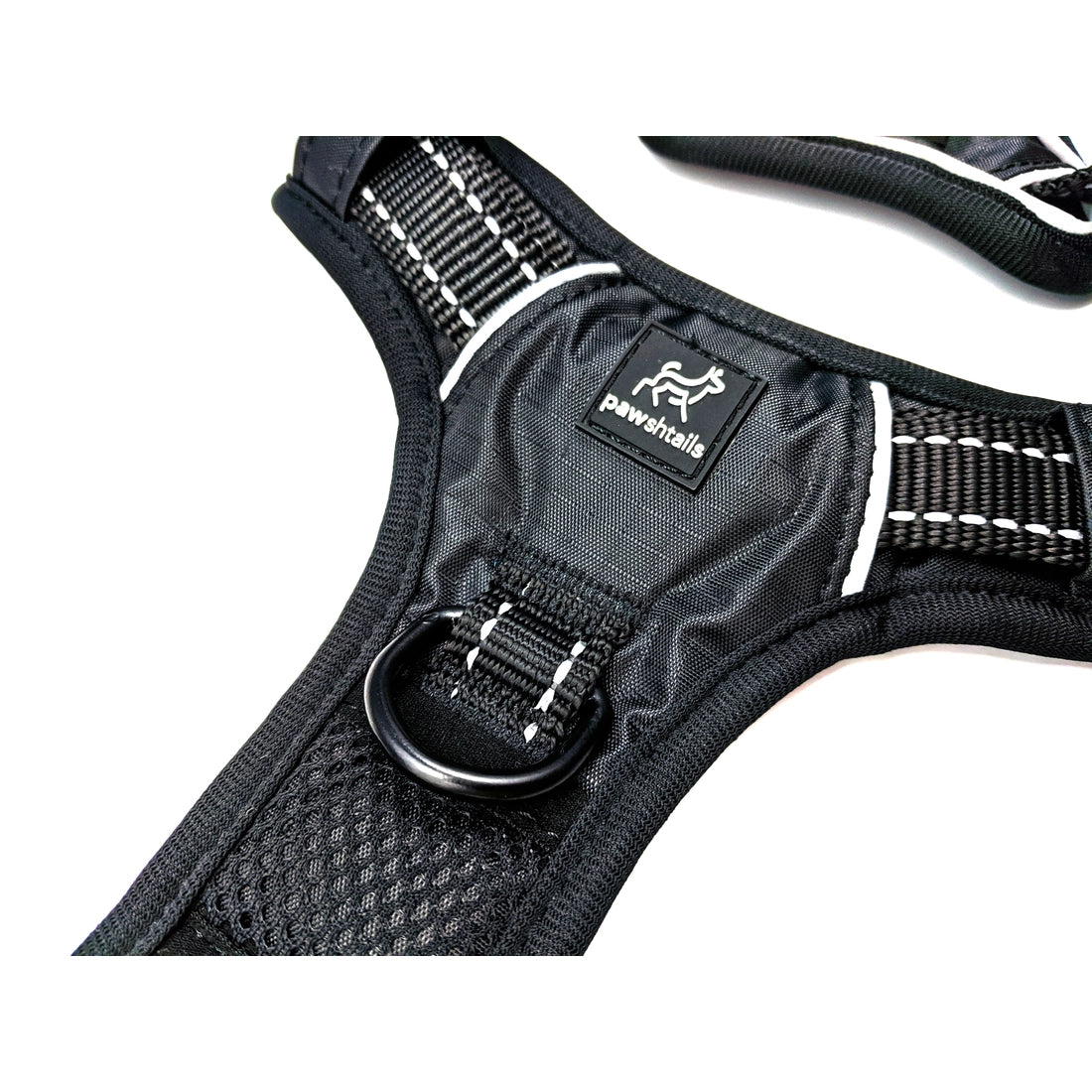 Chest panel of black Pawshtails no-pull harness that fits giant and large dogs