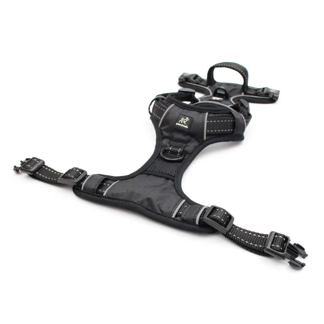 Unbuckled black Pawshtails no-pull harness that fits giant and large dogs with a 20.5 inch to 28.75 inch neck and 30 inch to 39 inch girth