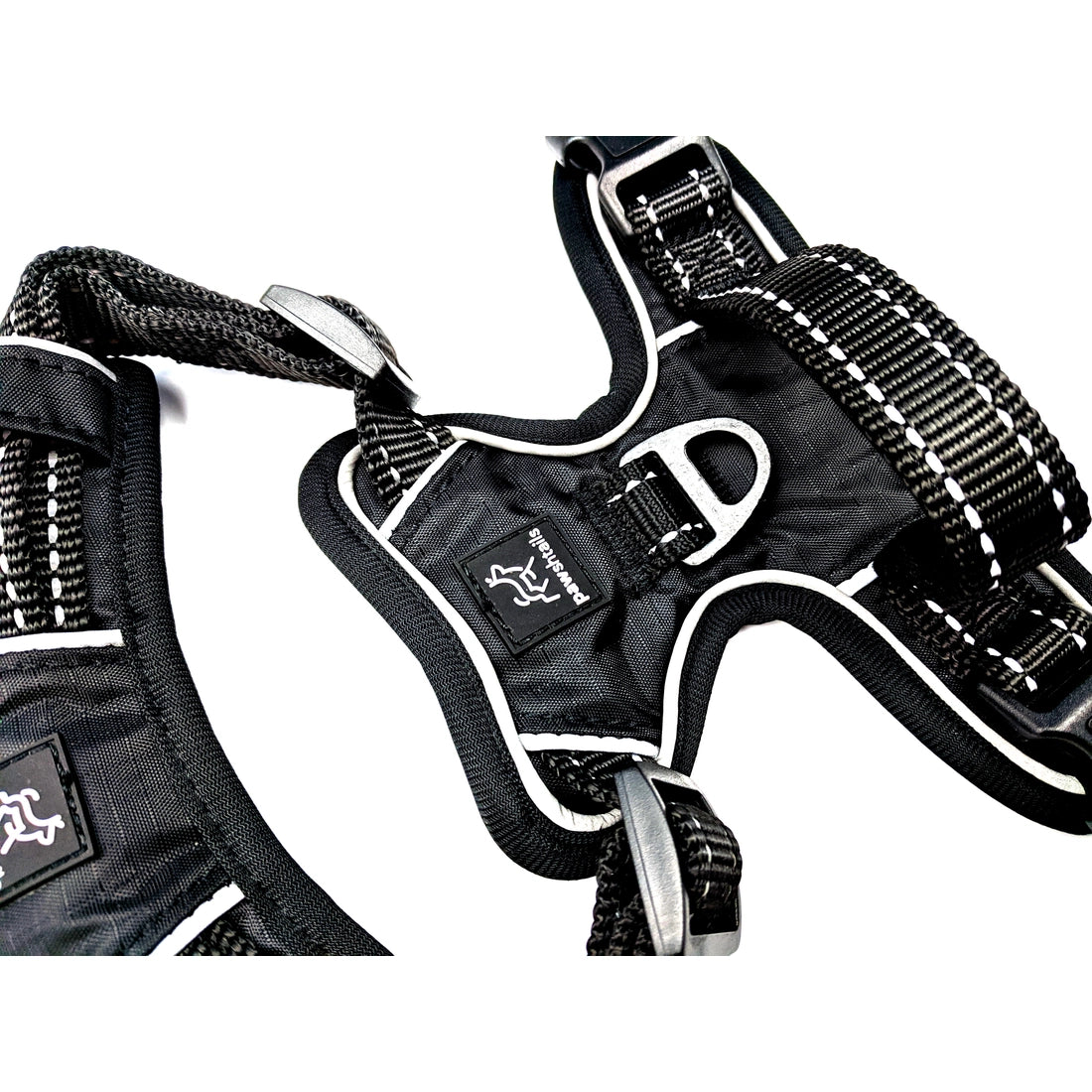 Back panel of black Pawshtails no-pull harness that fits giant and large dogs