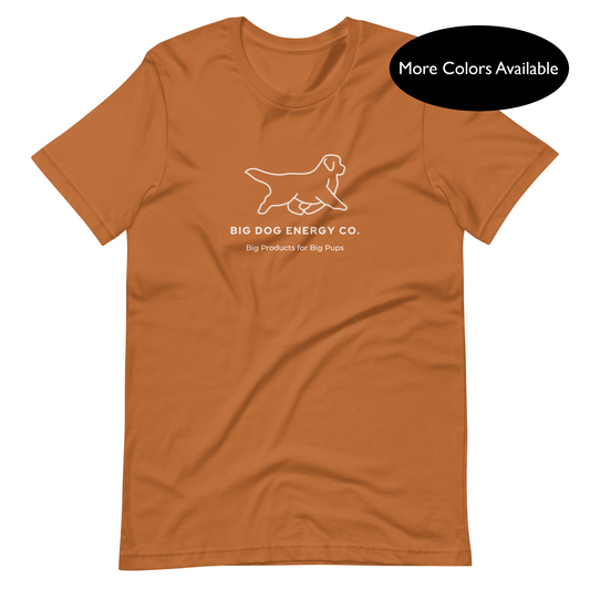Toast orange t-shirt showing the white Big Dog Energy Company logo, which is a Newfoundland dog silhouette over the company name, with a smaller saying "Big Products for Big Pups" underneath the logo, also in white text.
