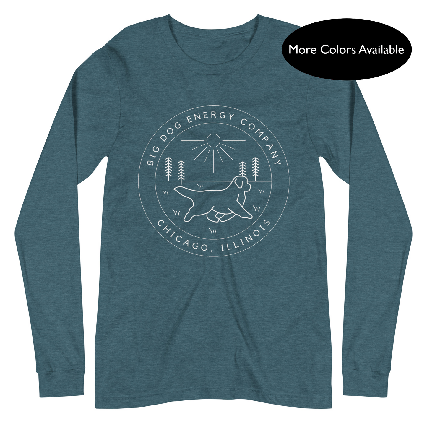 Heather deep teal long sleeve t-shirt with the Big Dog Energy Company summer camp logo, which is white line art of the outline of a Newfoundland dog trotting through grass with primitive trees and a radiant sun in the background. All of this is encased by two concentric circles, with "Big Dog Energy Company, Chicago, Illinois" wrapped around the inside of the circles and surrounding the logo.