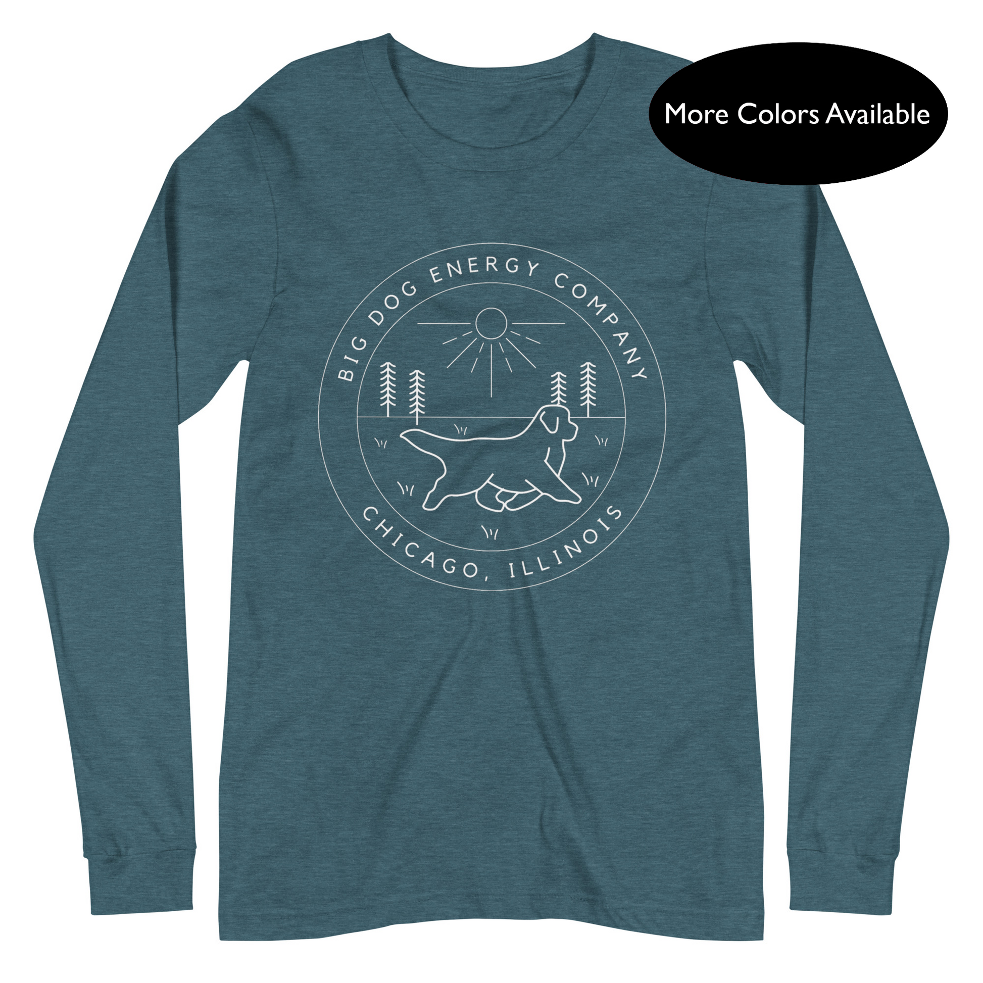 Heather deep teal long sleeve t-shirt with the Big Dog Energy Company summer camp logo, which is white line art of the outline of a Newfoundland dog trotting through grass with primitive trees and a radiant sun in the background. All of this is encased by two concentric circles, with "Big Dog Energy Company, Chicago, Illinois" wrapped around the inside of the circles and surrounding the logo.