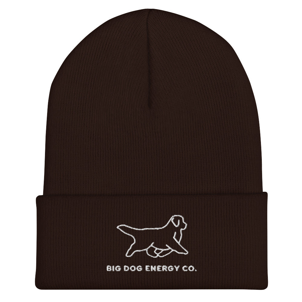 Brown cuffed beanie with Big Dog Energy Company logo