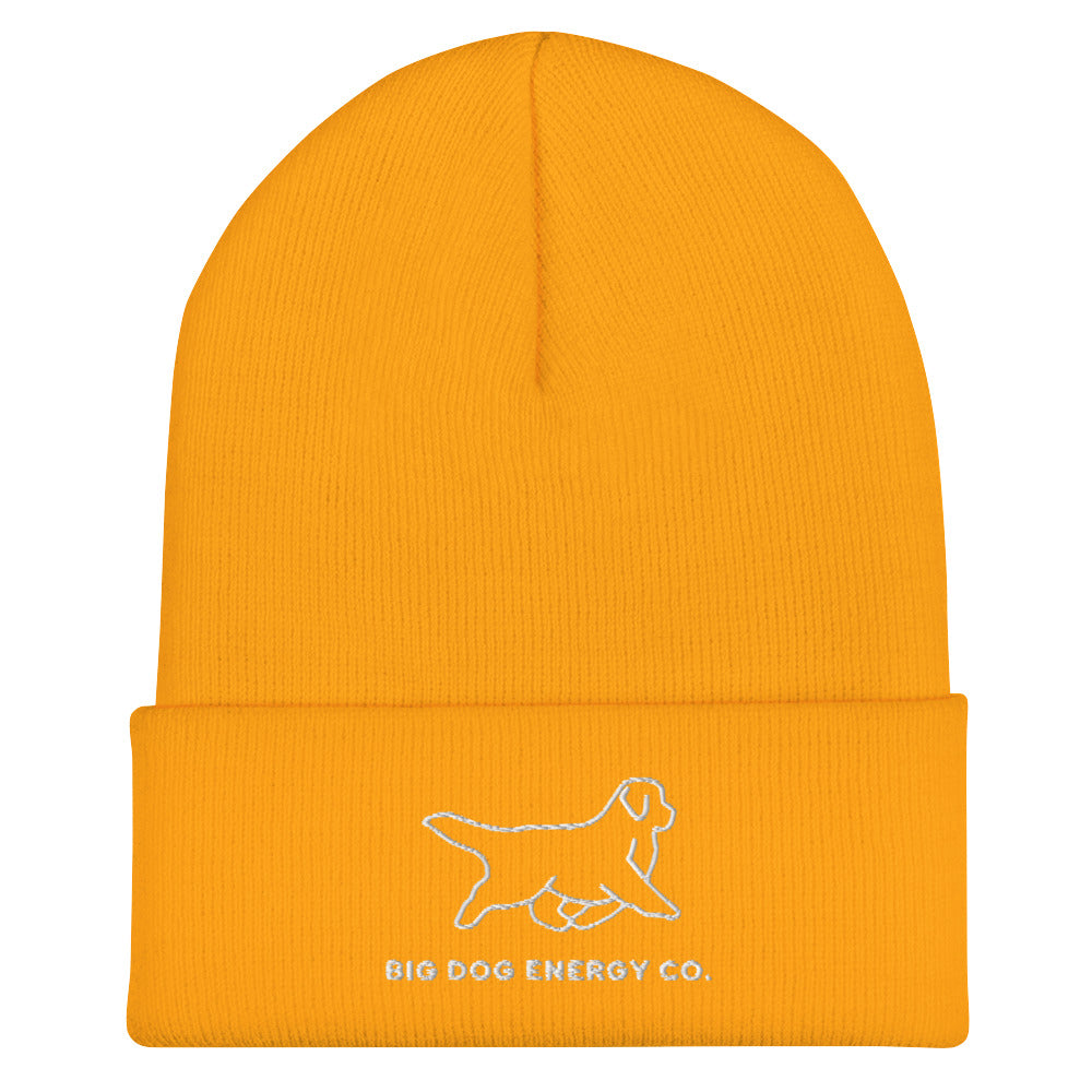 Yellow cuffed winter beanie with Big Dog Energy Company logo
