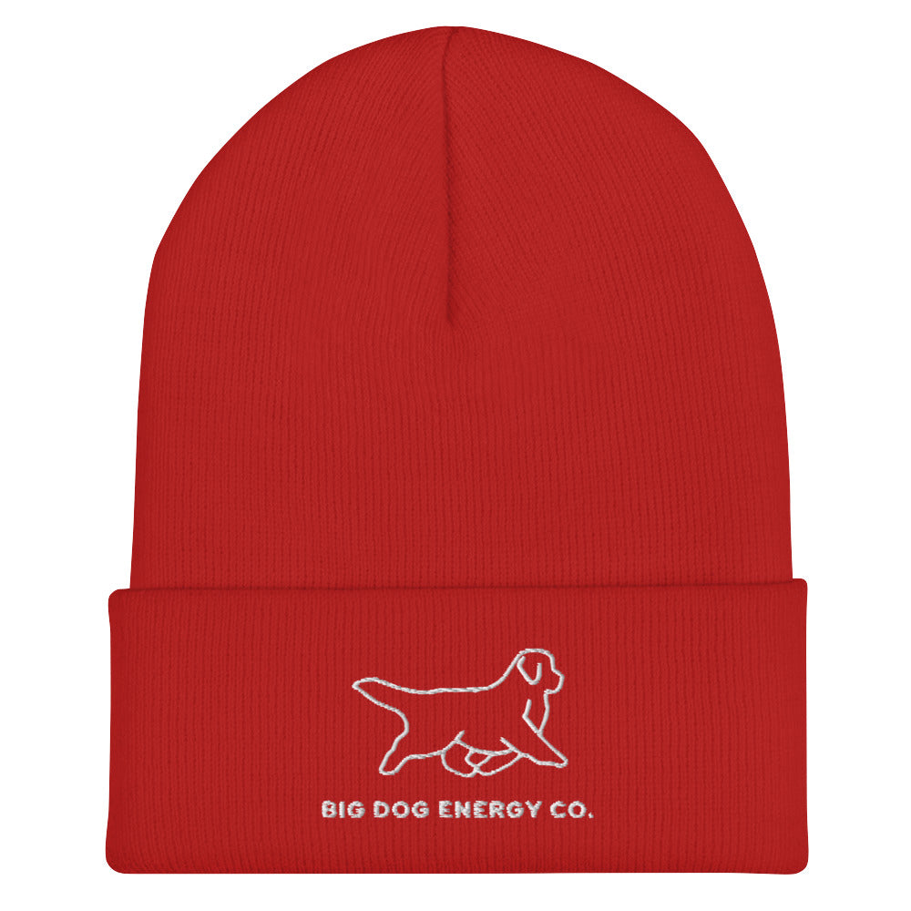 Red cuffed beanie with Big Dog Energy Company logo