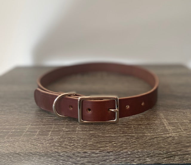1 inch wide brown English bridle leather Mimi Green dog collar for big and giant dogs with necks between 24 and 28 inches