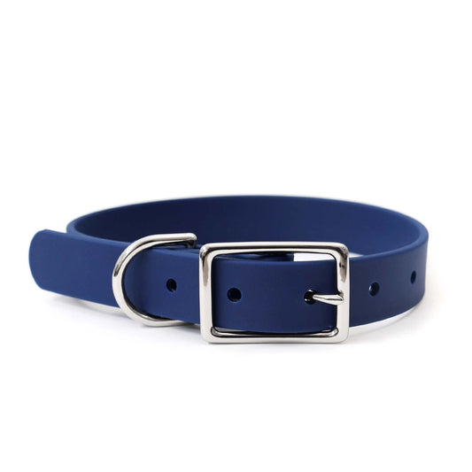 1 inch wide blue leather alternative Mimi Green waterproof dog collar for big and giant dogs with necks between 24 and 28 inches