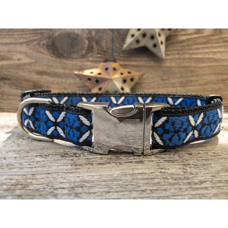 1 inch wide blue and white star pattern on black Diva Dog collar for big and giant dogs with necks between 24 and 32 inches