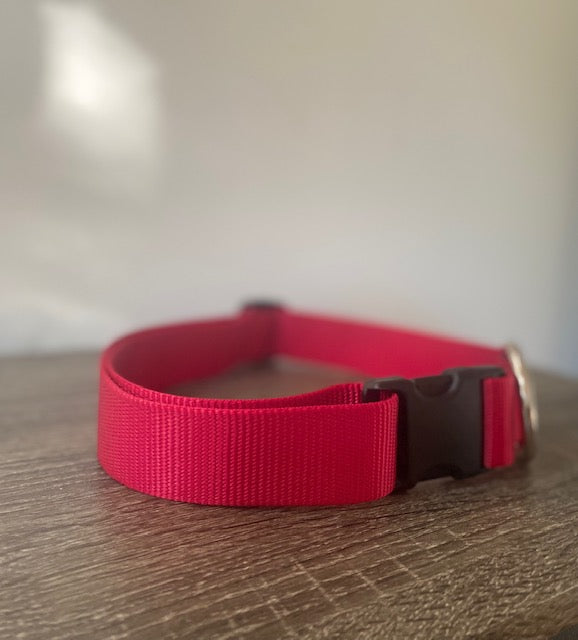 Red nylon 1.5" wide Mimi Green dog collar for large and giant dogs with necks between 33 inches and 35 inches