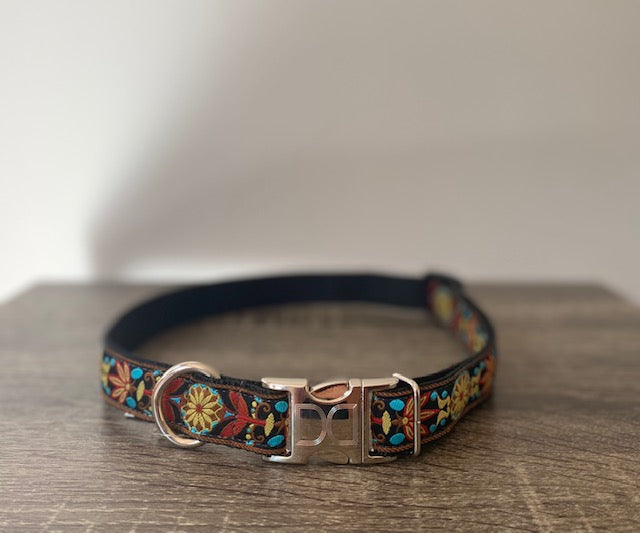 1 inch wide Parisian pattern Diva Dog collar for big and giant dogs with necks between 24 and 32 inches