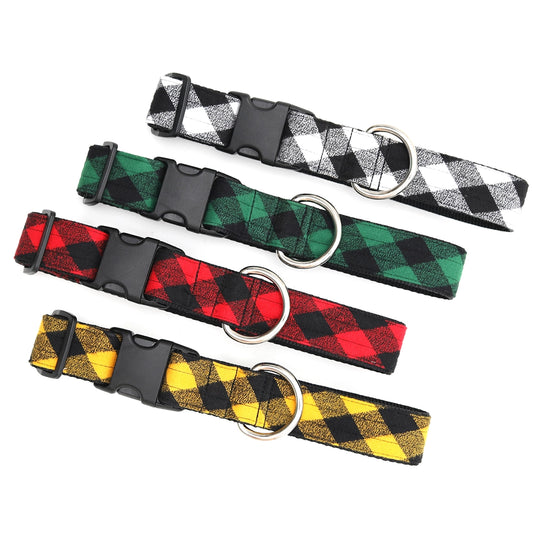 Buffalo plaid collars for large and giant breed dogs in white, green, red, and yellow.
