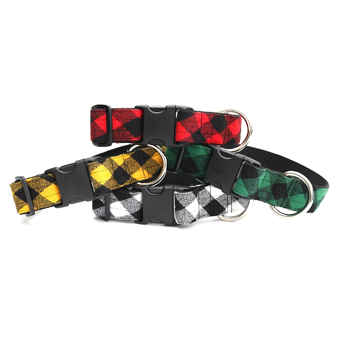 Stacked pile of buffalo plaid collars for large and giant breed dogs in white, green, red, and yellow.