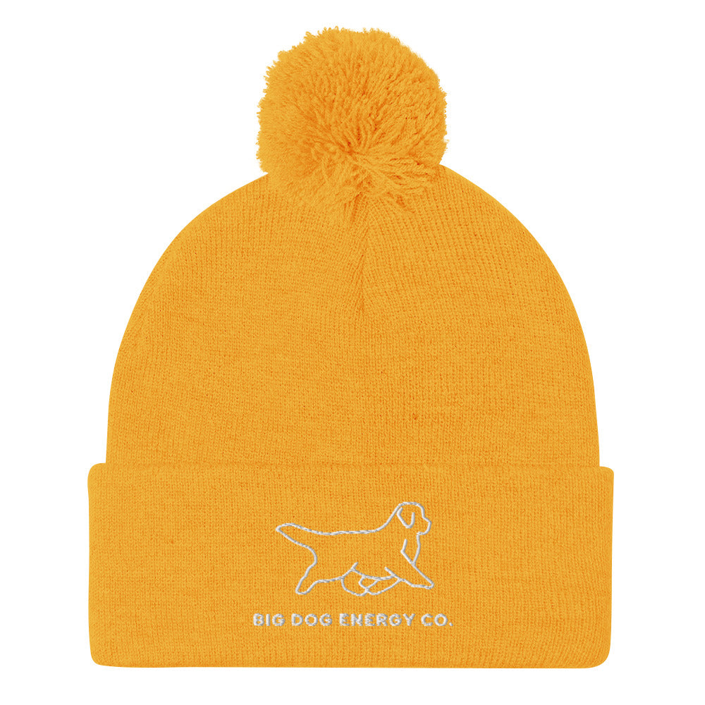 Yellow cuffed beanie with pom and Big Dog Energy Company logo