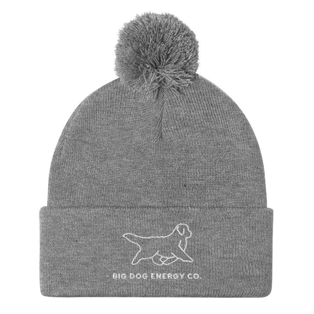 Heather grey cuffed beanie with pom and Big Dog Energy Company logo