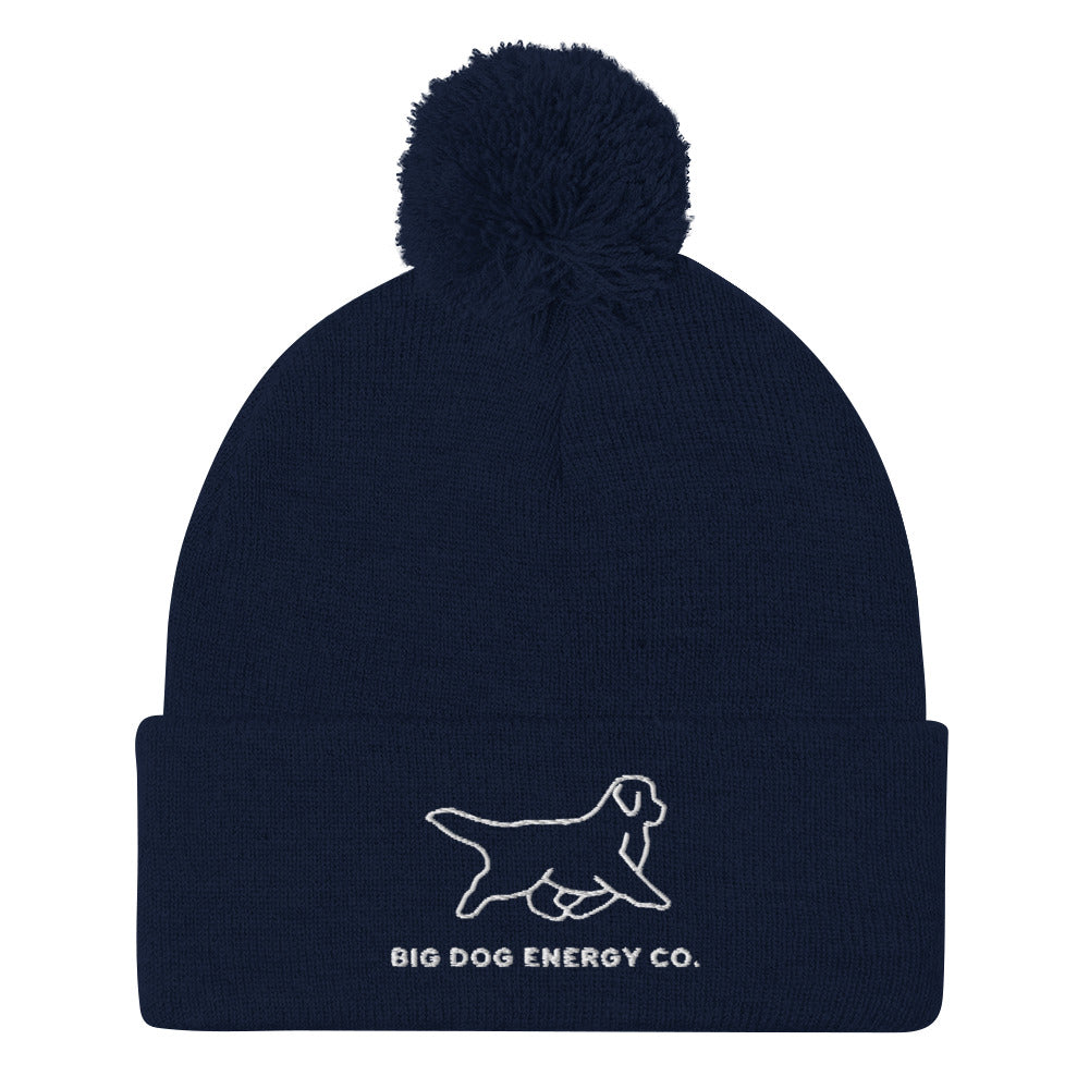 Navy cuffed winter hat with pom and Big Dog Energy Company logo