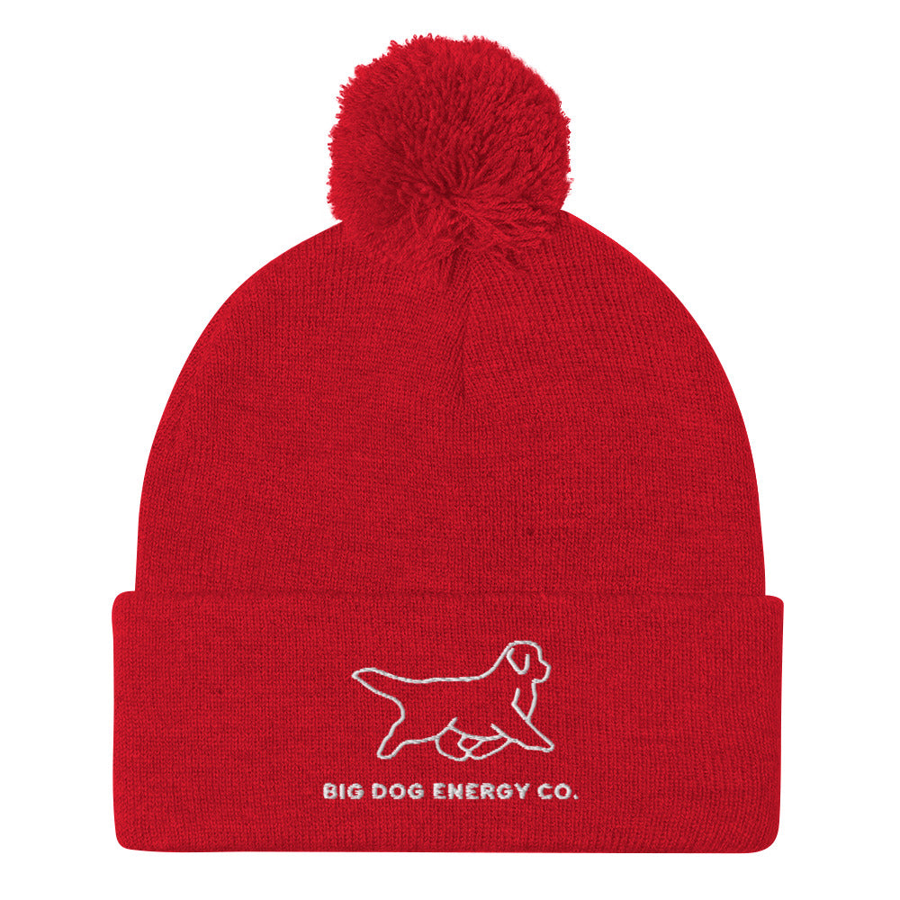 Red cuffed beanie with pom and Big Dog Energy Company logo