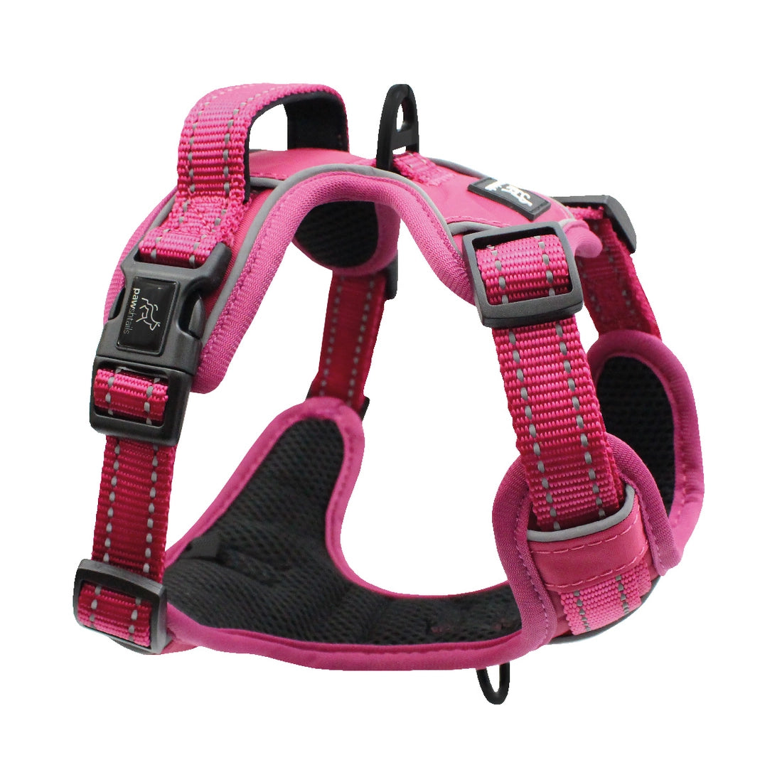 Side view of pink XL Pawshtails no-pull dog harness that fits giant and large dogs with a 20.5 inch to 28.75 inch neck and 30 inch to 39 inch girth