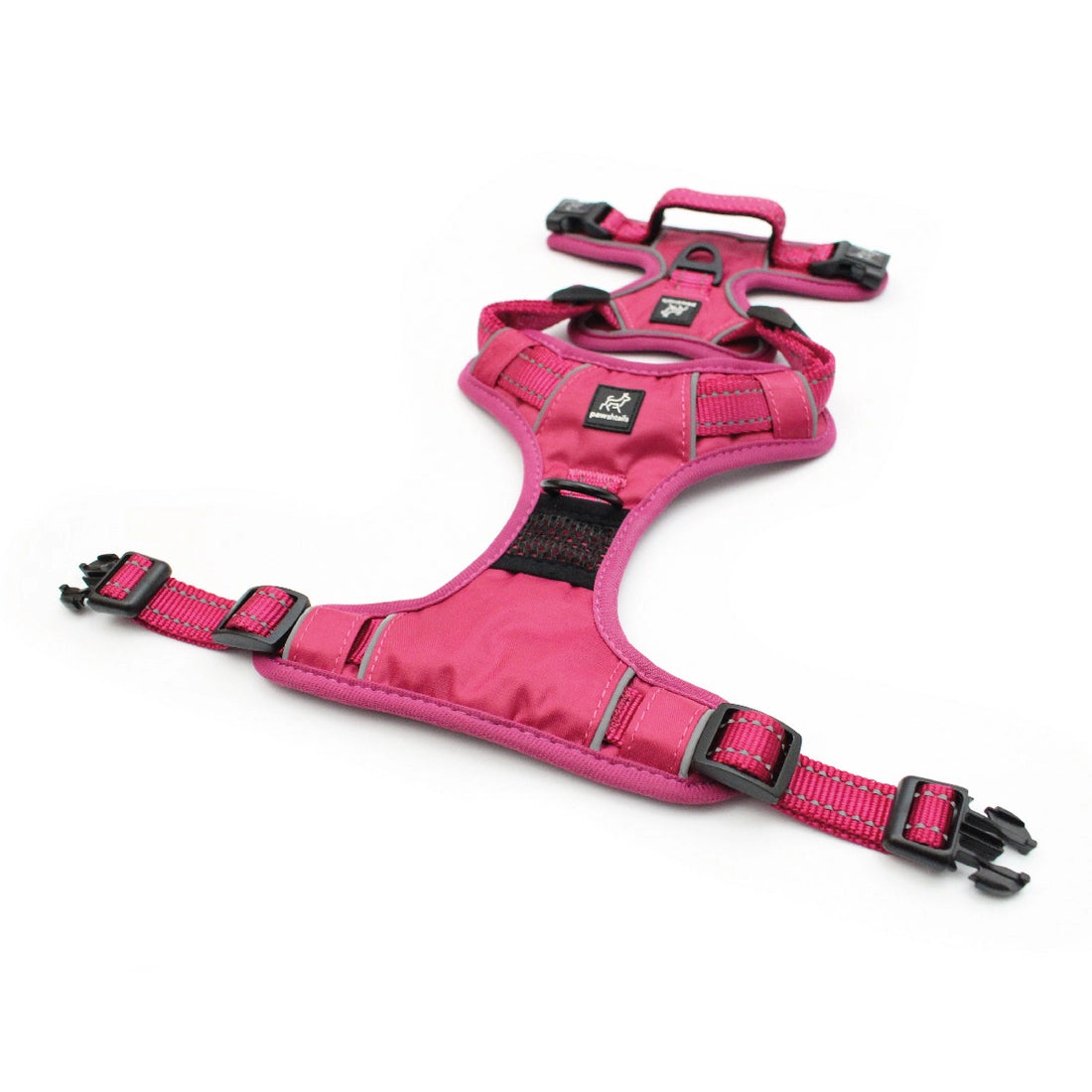 Unbuckled XL pink Pawshtails no-pull harness that fits giant and large dogs with a 20.5 inch to 28.75 inch neck and 30 inch to 39 inch girth
