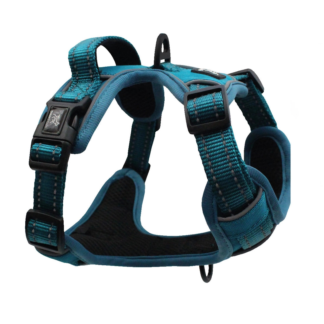 Side view of teal XL Pawshtails no-pull dog harness that fits giant and large dogs with a 20.5 inch to 28.75 inch neck and 30 inch to 39 inch girth