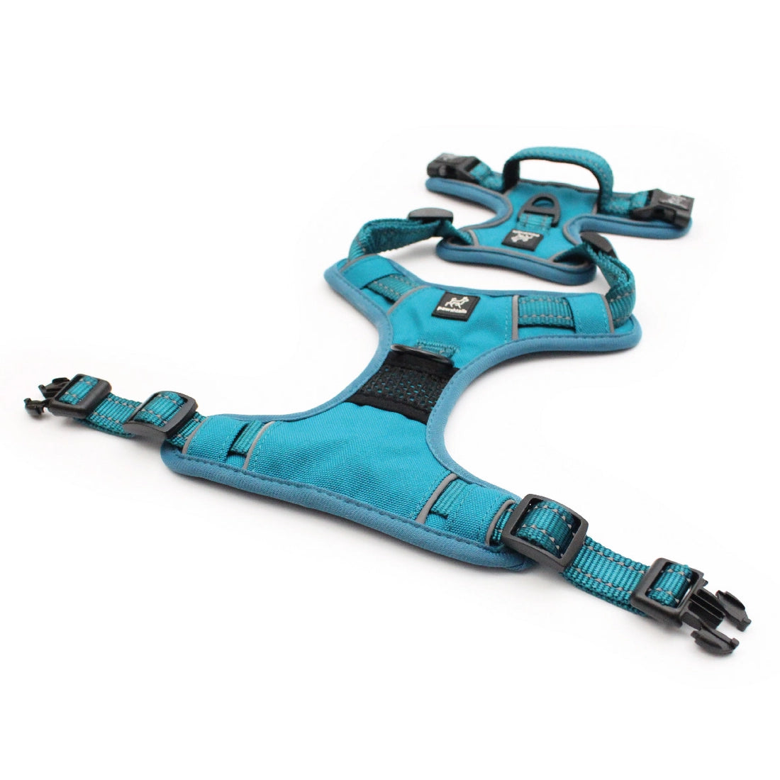 Unbuckled XL teal Pawshtails no-pull harness that fits giant and large dogs with a 20.5 inch to 28.75 inch neck and 30 inch to 39 inch girth