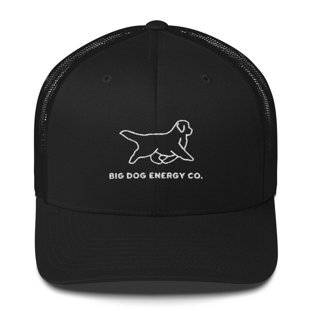 Black trucker hat with black mesh back and white Big Dog Energy Company logo