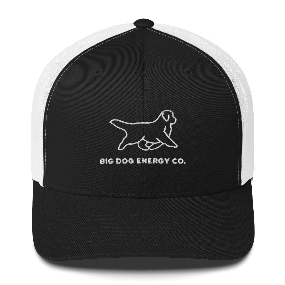 Black trucker hat with white mesh back and white Big Dog Energy Company logo