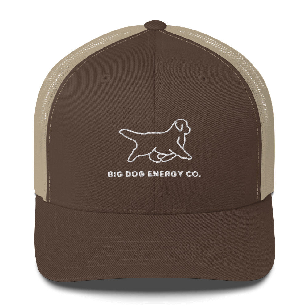 Brown trucker hat with tan mesh back and white Big Dog Energy Company logo