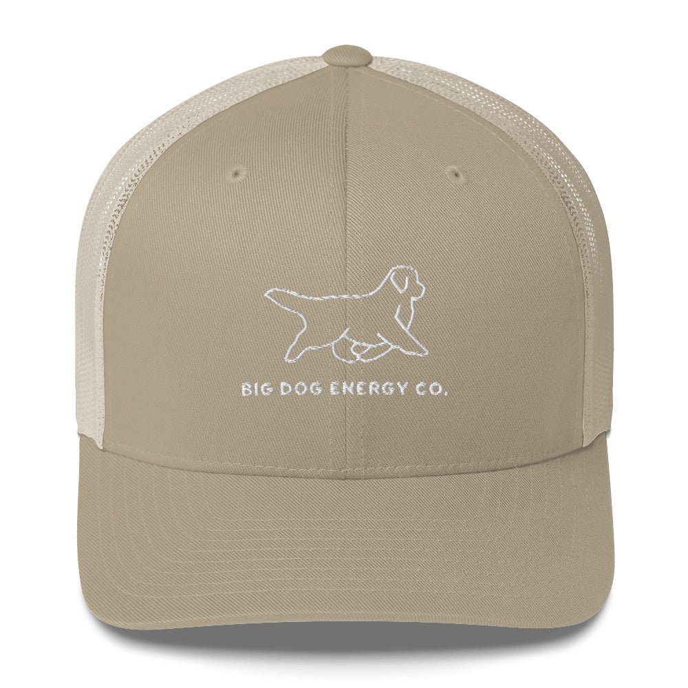 Khaki trucker hat with lighter khaki mesh back and white Big Dog Energy Company logo