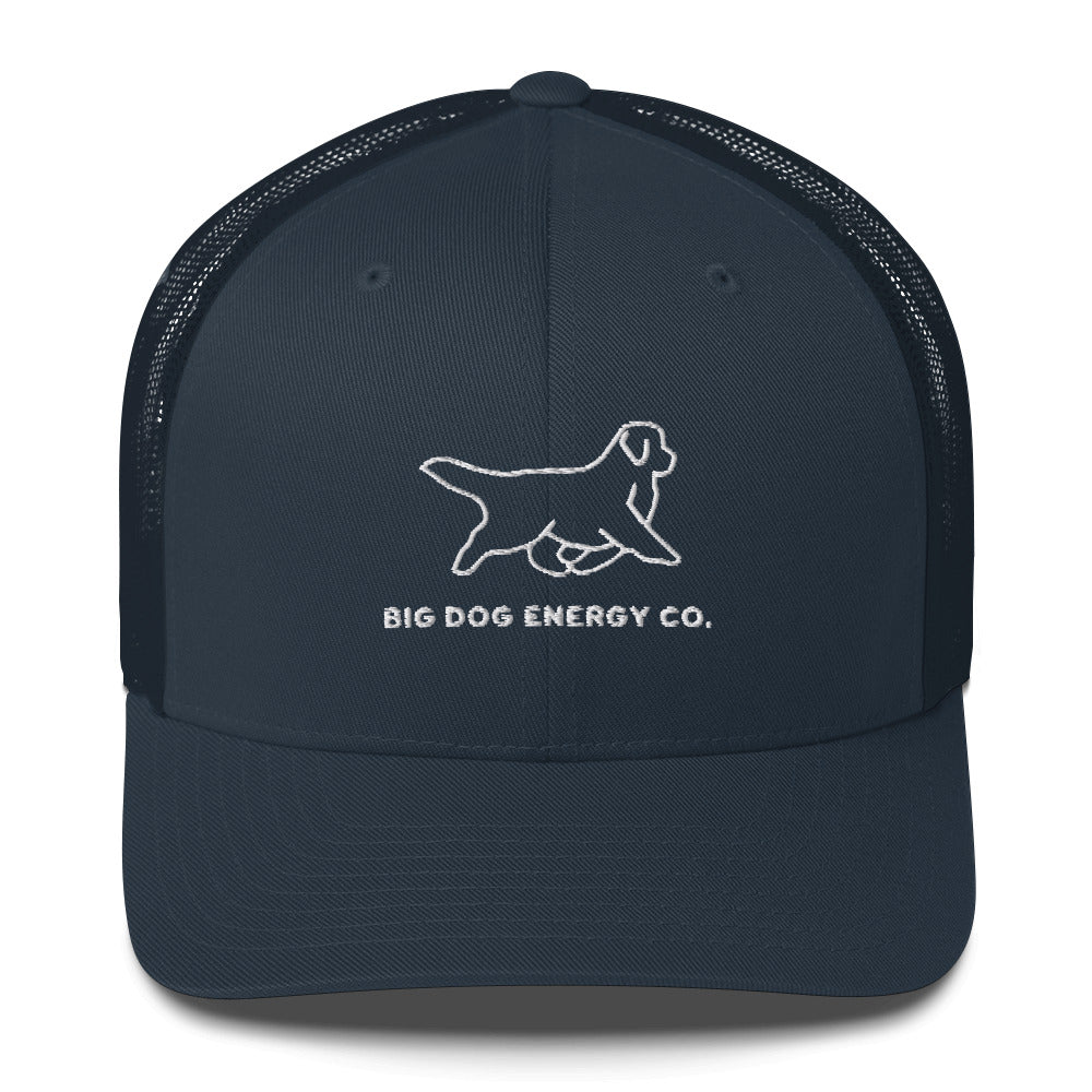 Navy adjustable trucker hat with navy mesh back and white Big Dog Energy Company logo