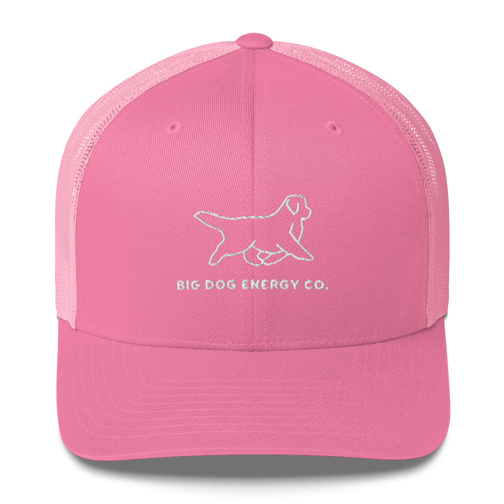 Pink trucker hat with lighter pink mesh back and white Big Dog Energy Company logo