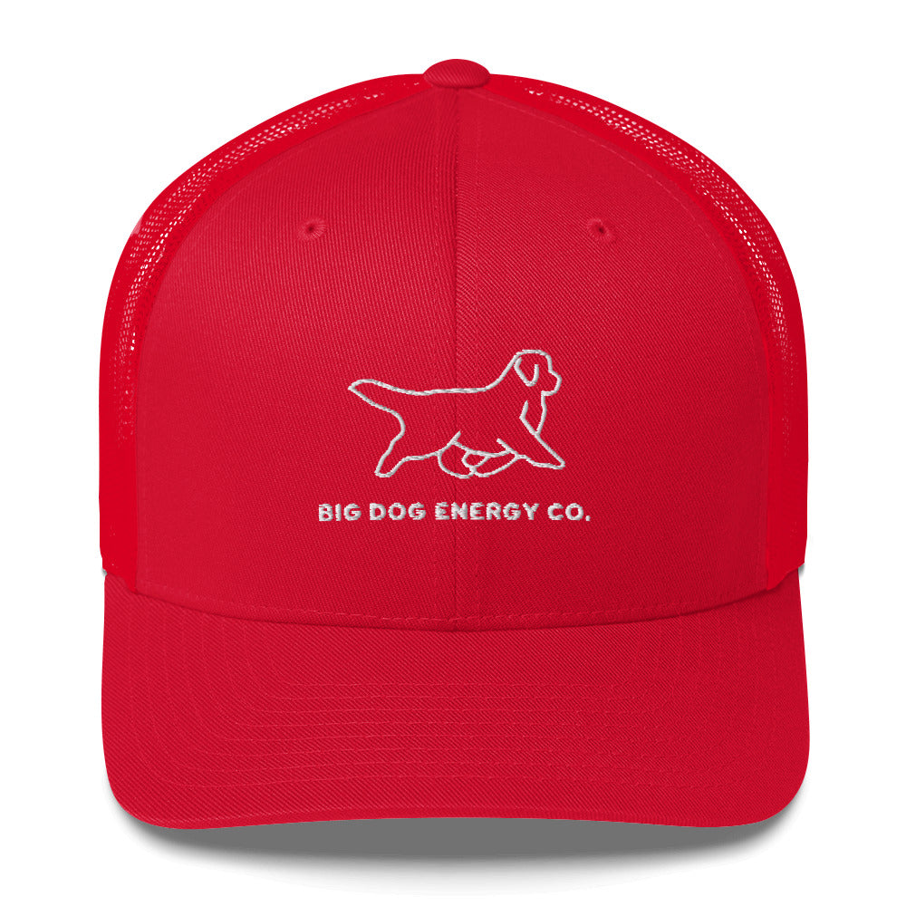 Red trucker hat with red mesh back and white Big Dog Energy Company logo