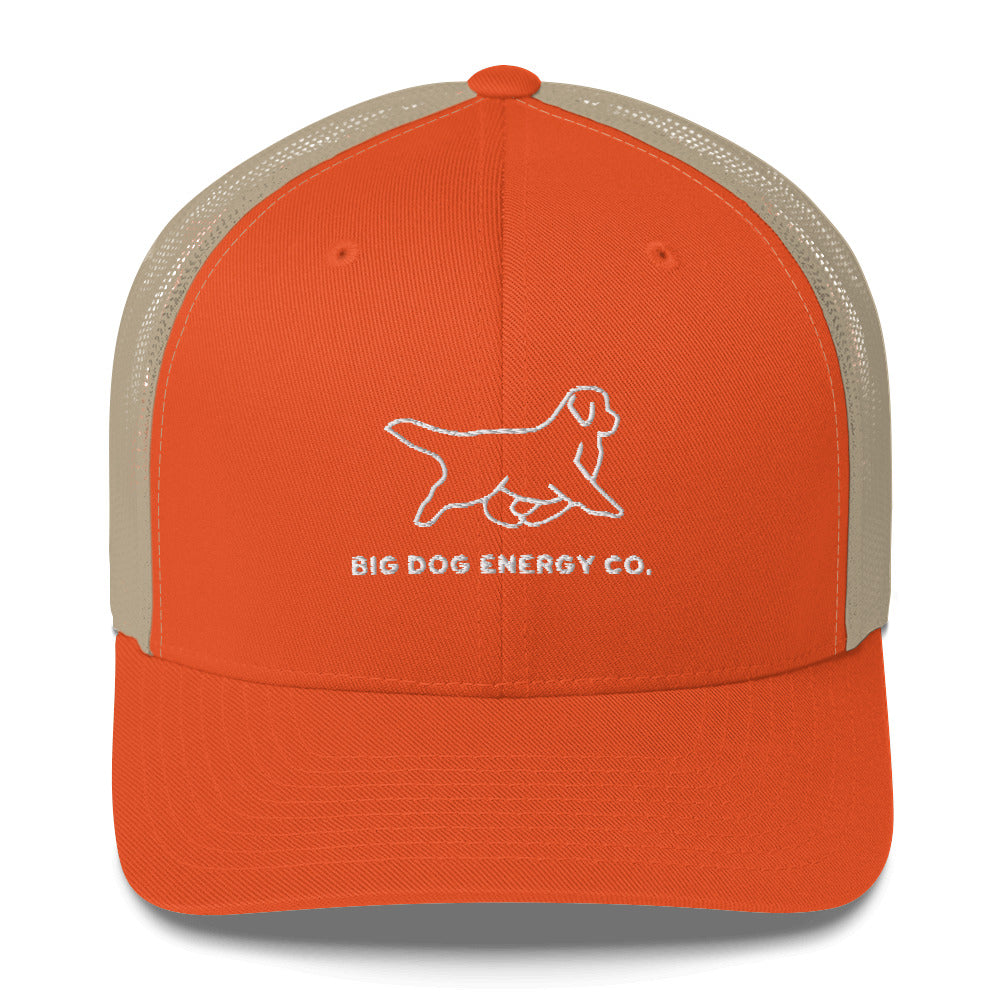Orange trucker hat with tan mesh back and white Big Dog Energy Company logo