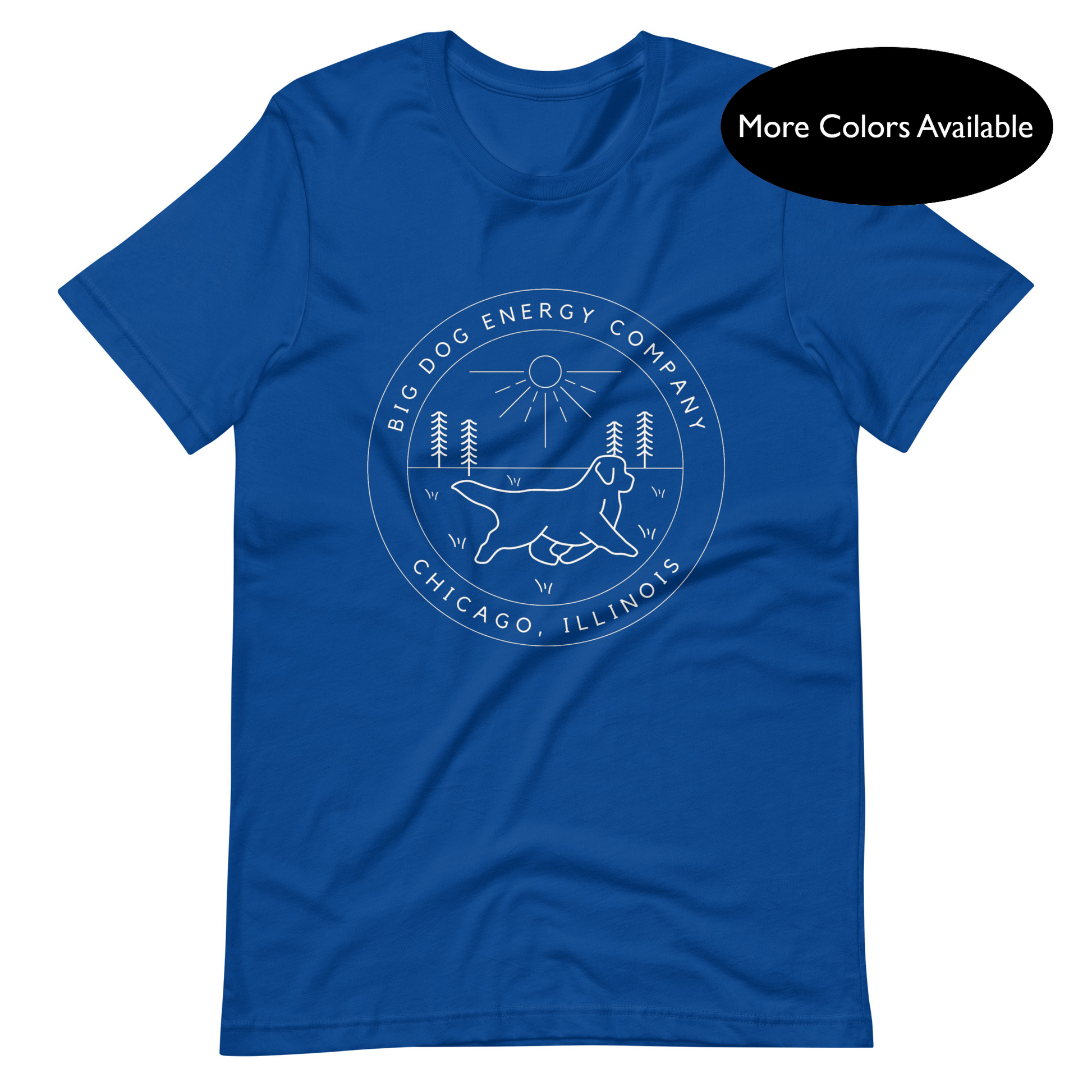 True royal blue t-shirt with the Big Dog Energy Company summer camp logo, which is white line art of the outline of a Newfoundland dog trotting through grass with primitive trees and a radiant sun in the background. All of this is encased by two concentric circles, with "Big Dog Energy Company, Chicago, Illinois" wrapped around the inside of the circles and surrounding the logo.