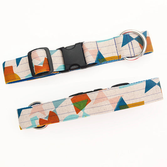 Front and back view of wide dog collar for large and giant breed dogs. The collar features different geometric shapes in orange, blue, pink, and green.