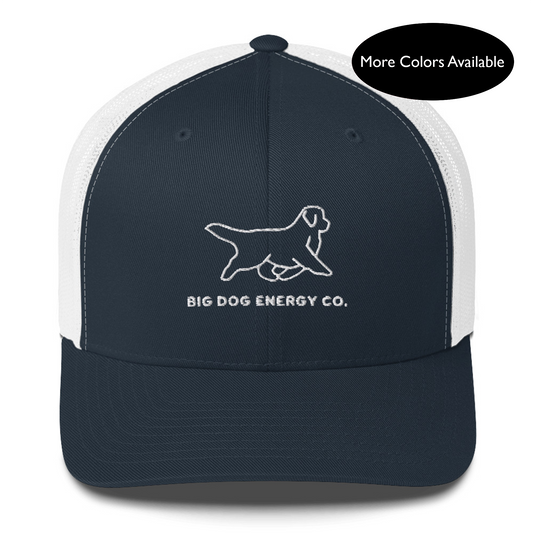 Navy trucker hat with white mesh back and white Big Dog Energy Company logo