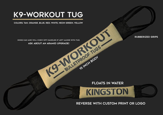 15 inch K-9 Workout Tug toy from Bulletproof Pet Products highlighting the different features