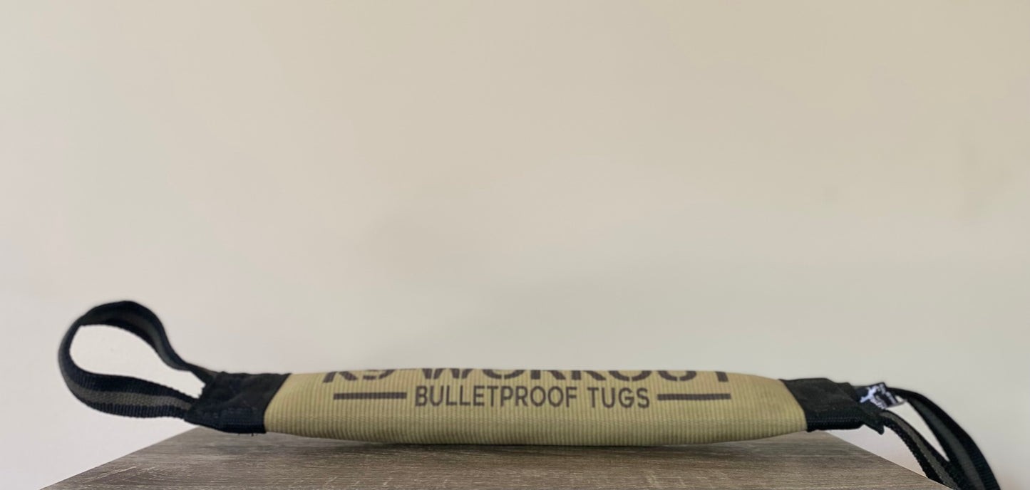 Side view of yellow 15 inch K-9 Workout fire hose training tug toy from Bulletproof Pet Products for heavy chewers