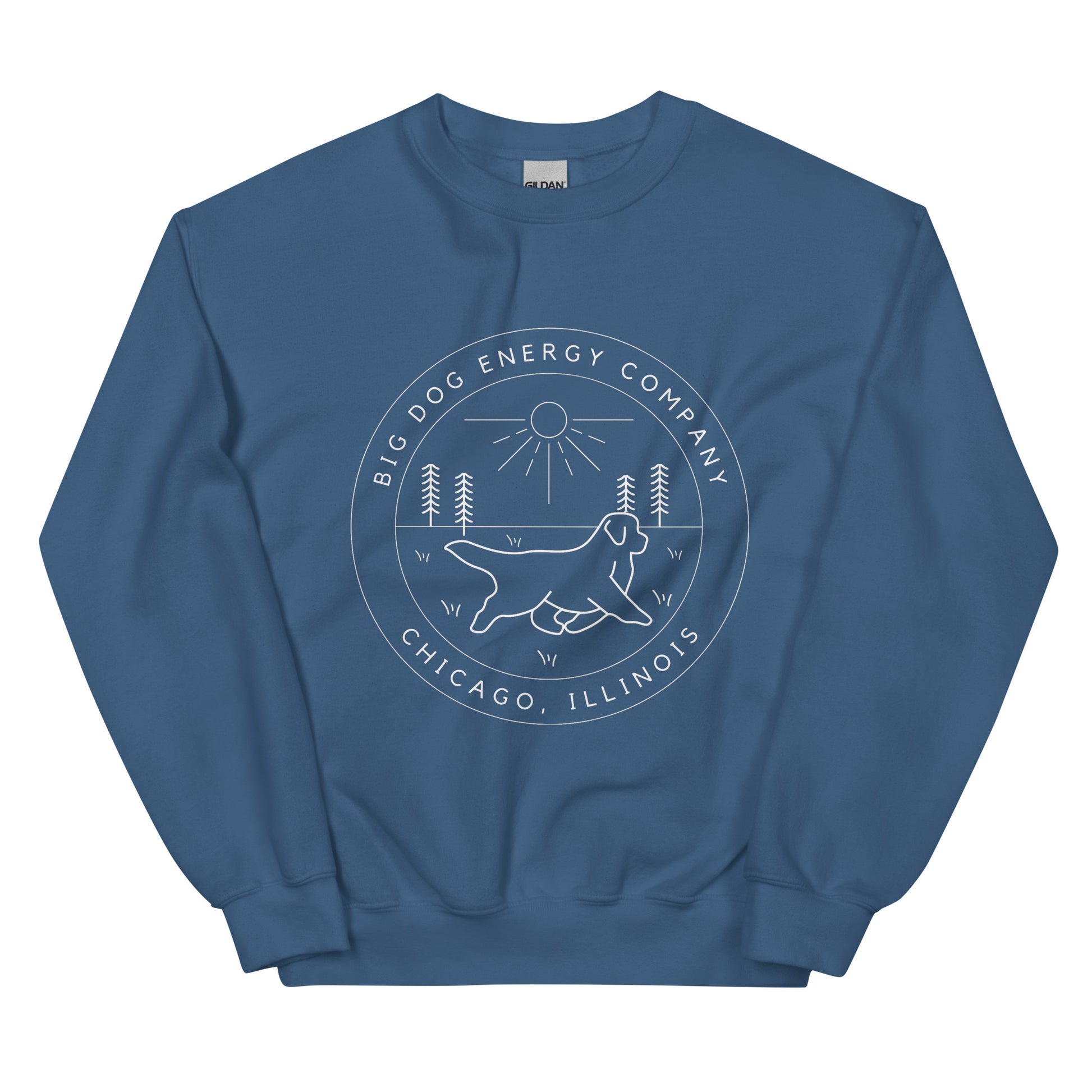 Indigo blue crew neck sweatshirt with the Big Dog Energy Company summer camp logo, which is white line art of the outline of a Newfoundland dog trotting through grass with primitive trees and a radiant sun in the background. All of this is encased by two concentric circles, with "Big Dog Energy Company, Chicago, Illinois" wrapped around the inside of the circles and surrounding the logo.