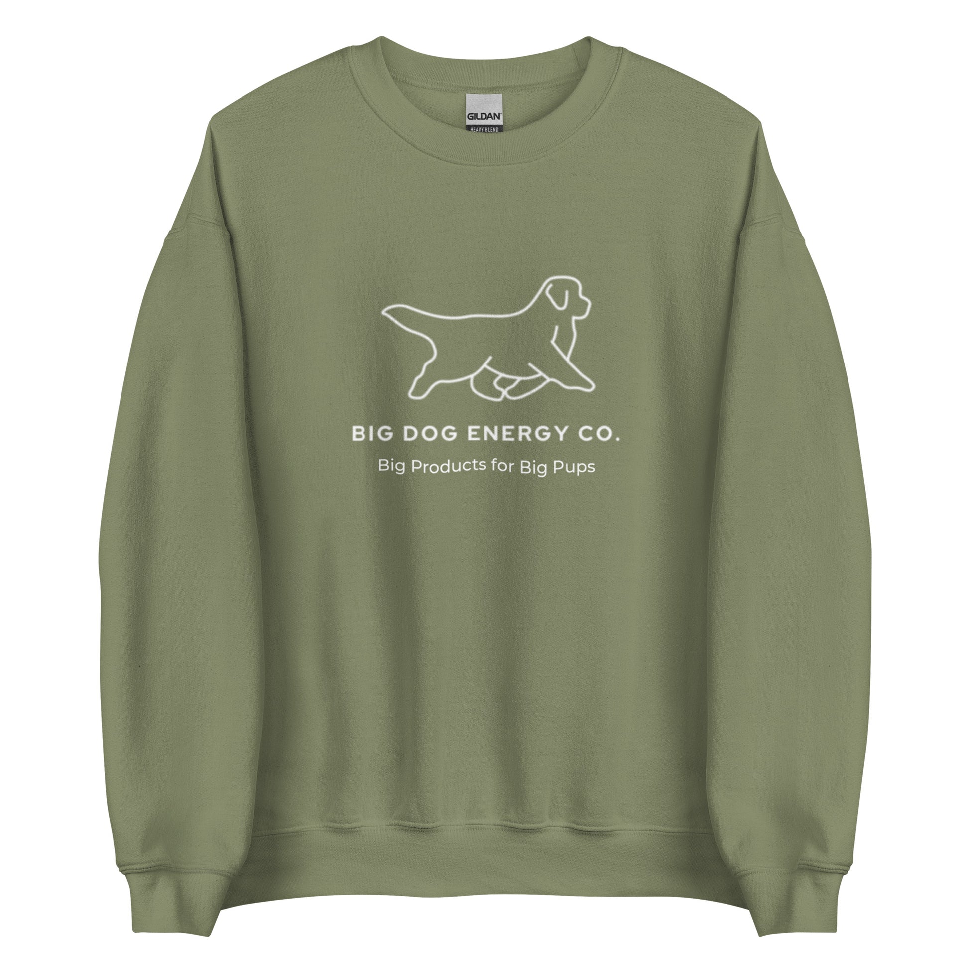 Military green sweatshirt showing the white Big Dog Energy Company logo, which is a Newfoundland dog silhouette over the company name, with a smaller saying "Big Products for Big Pups" underneath the logo, also in white text.
