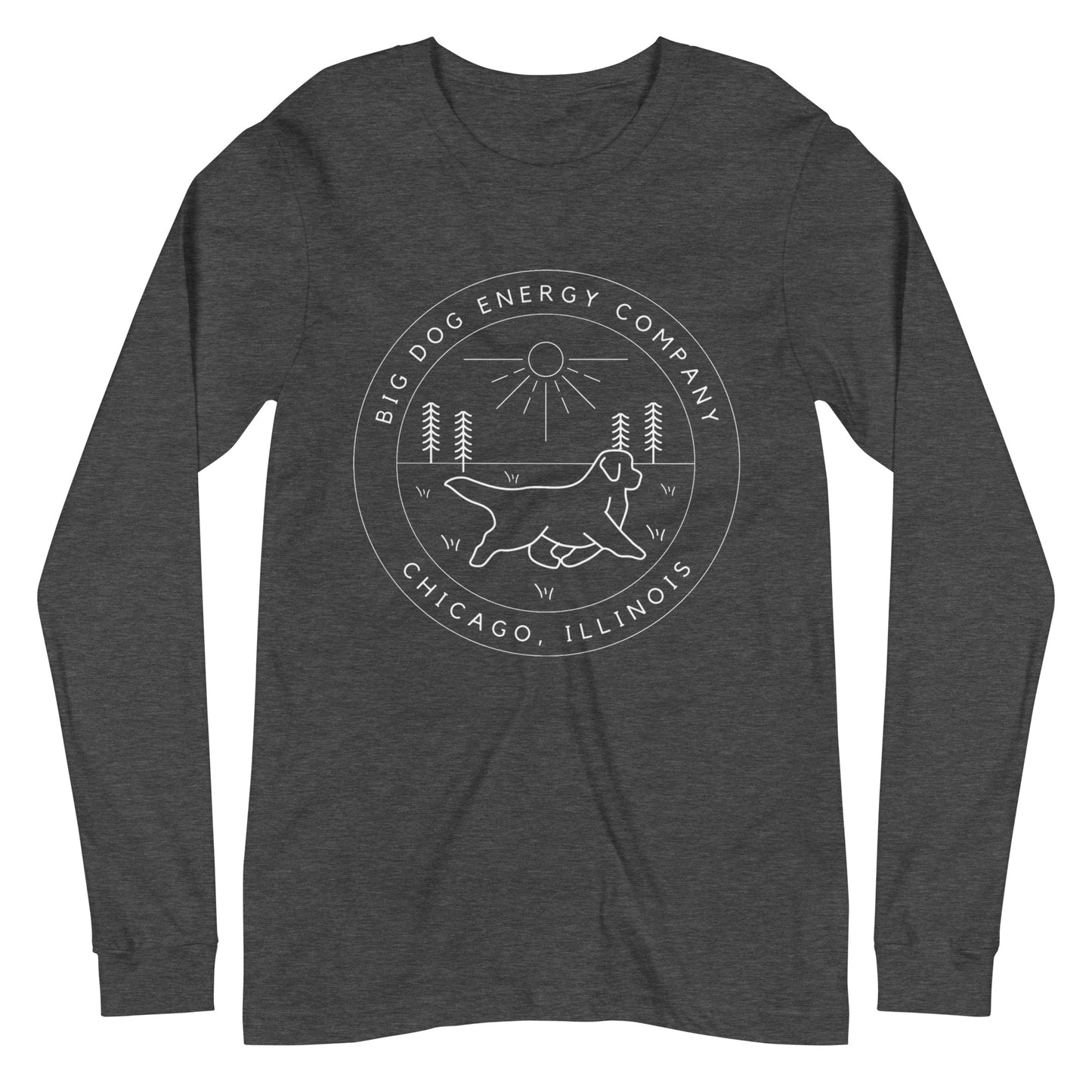 Dark grey heather long sleeve t-shirt with the Big Dog Energy Company summer camp logo, which is white line art of the outline of a Newfoundland dog trotting through grass with primitive trees and a radiant sun in the background. All of this is encased by two concentric circles, with "Big Dog Energy Company, Chicago, Illinois" wrapped around the inside of the circles and surrounding the logo.
