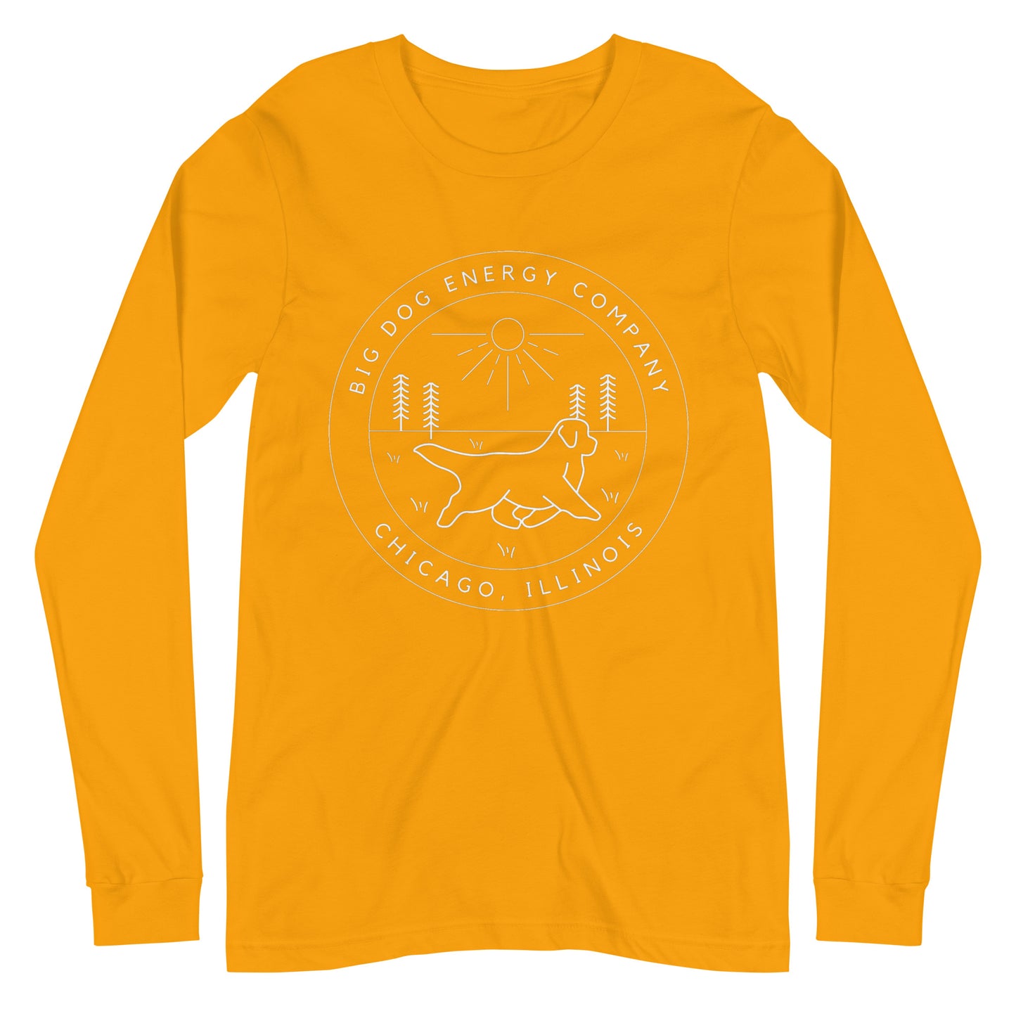 Yellow gold long sleeve t-shirt with the Big Dog Energy Company summer camp logo, which is white line art of the outline of a Newfoundland dog trotting through grass with primitive trees and a radiant sun in the background. All of this is encased by two concentric circles, with "Big Dog Energy Company, Chicago, Illinois" wrapped around the inside of the circles and surrounding the logo.
