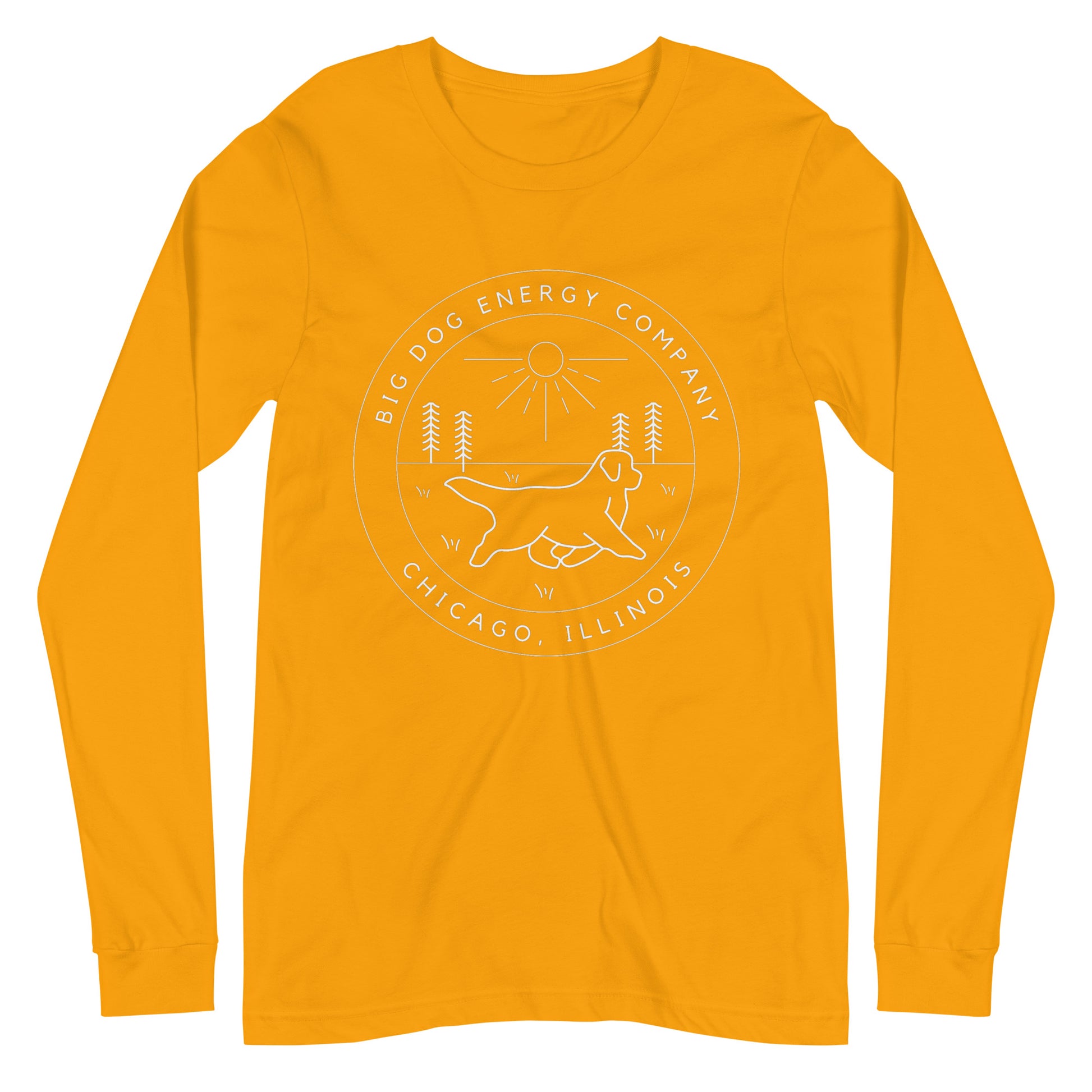 Yellow gold long sleeve t-shirt with the Big Dog Energy Company summer camp logo, which is white line art of the outline of a Newfoundland dog trotting through grass with primitive trees and a radiant sun in the background. All of this is encased by two concentric circles, with "Big Dog Energy Company, Chicago, Illinois" wrapped around the inside of the circles and surrounding the logo.