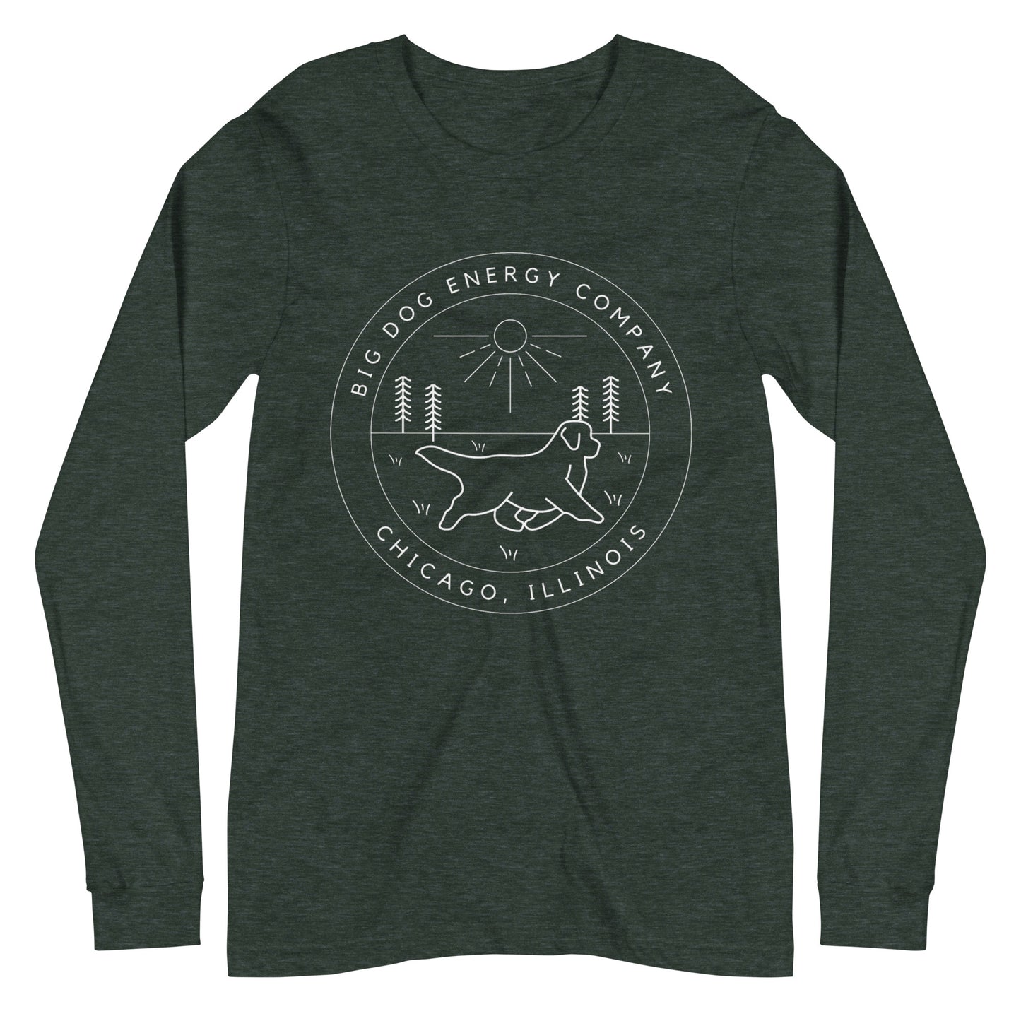 Heather forest green long sleeve t-shirt with the Big Dog Energy Company summer camp logo, which is white line art of the outline of a Newfoundland dog trotting through grass with primitive trees and a radiant sun in the background. All of this is encased by two concentric circles, with "Big Dog Energy Company, Chicago, Illinois" wrapped around the inside of the circles and surrounding the logo.