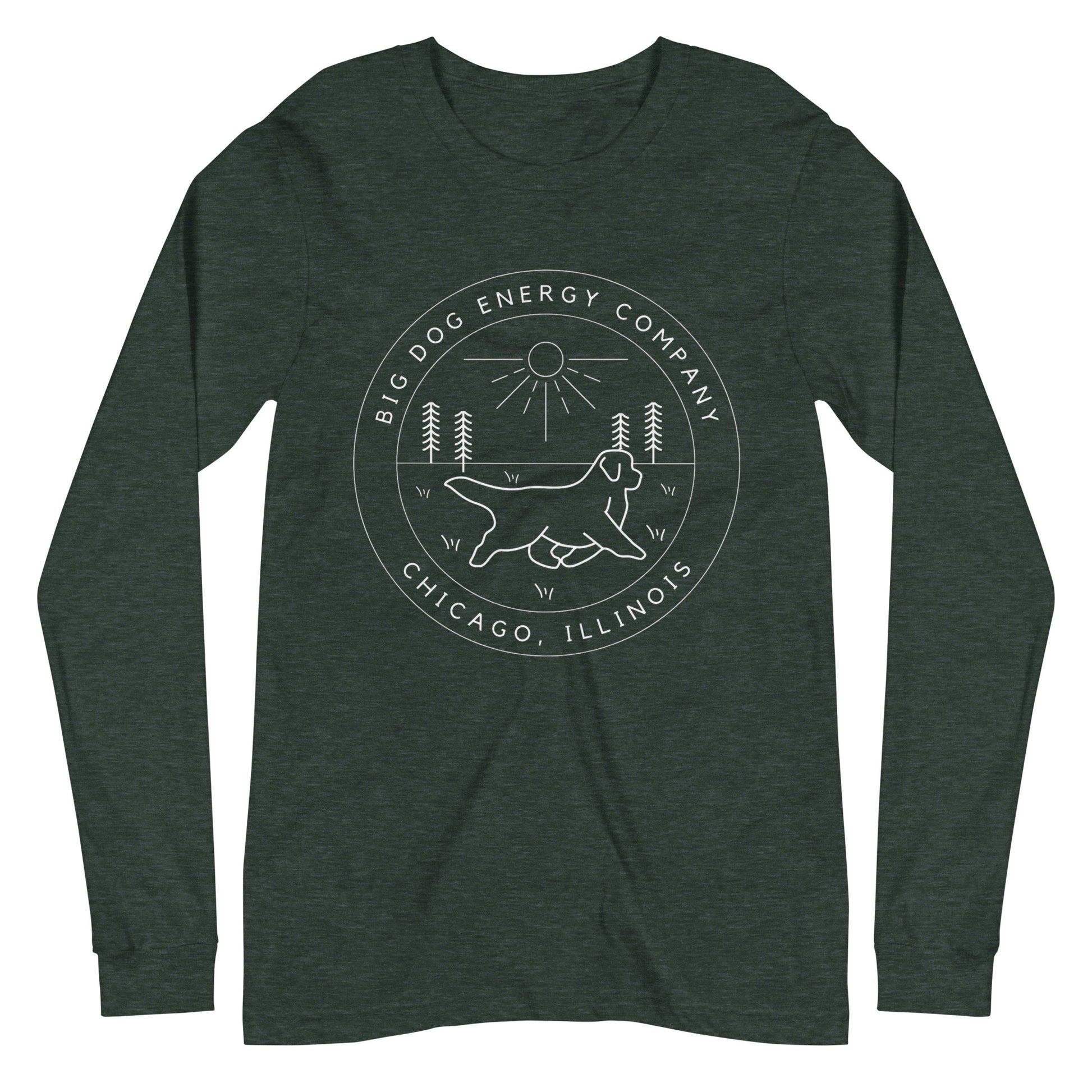 Heather forest green long sleeve t-shirt with the Big Dog Energy Company summer camp logo, which is white line art of the outline of a Newfoundland dog trotting through grass with primitive trees and a radiant sun in the background. All of this is encased by two concentric circles, with "Big Dog Energy Company, Chicago, Illinois" wrapped around the inside of the circles and surrounding the logo.