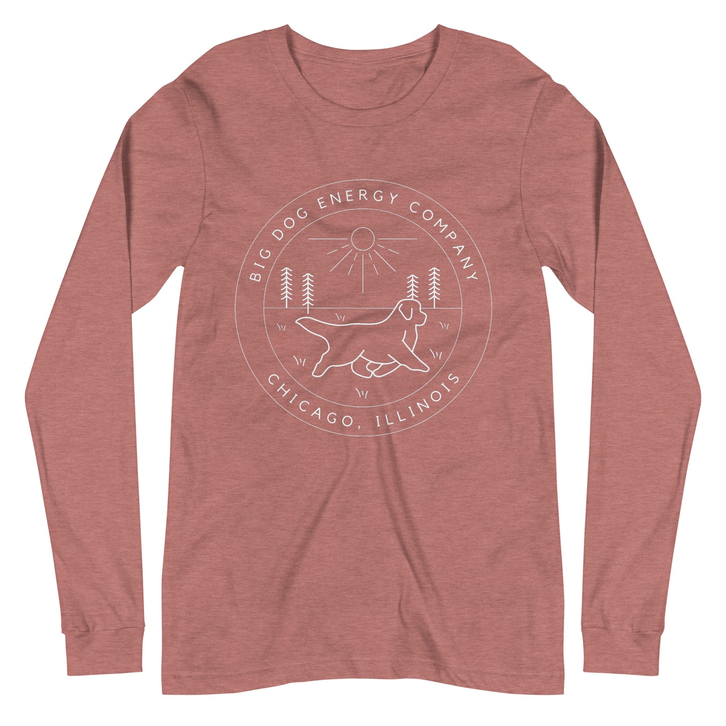 Heather mauve long sleeve t-shirt with the Big Dog Energy Company summer camp logo, which is white line art of the outline of a Newfoundland dog trotting through grass with primitive trees and a radiant sun in the background. All of this is encased by two concentric circles, with "Big Dog Energy Company, Chicago, Illinois" wrapped around the inside of the circles and surrounding the logo.